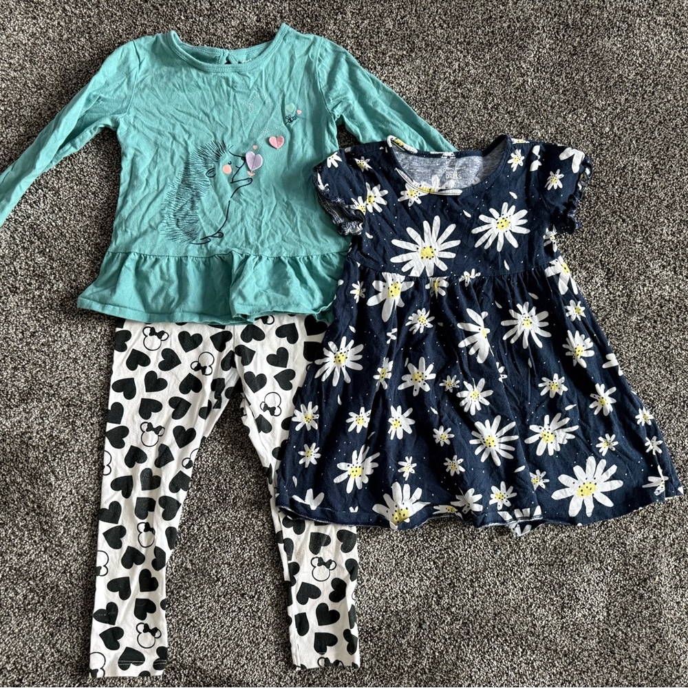 3 Set Lot Girls - Disney Valentine Heart Leggings & Flower Dress